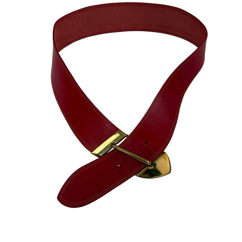 Vintage Omega Red Leather Arched Belt Brass Hardware Wide Size Medium 80s 90s